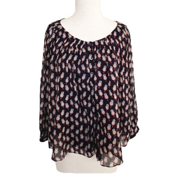 Zink London Blouse Top Blue Owl Bird Print Long Sleeve Button Up Casual Size M - Picture 2 of 5